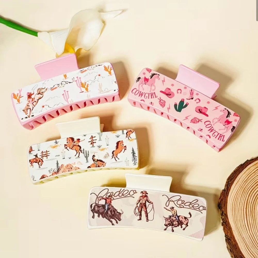 Western Cowgirl Rodeo Hair Claw‎ Clips Set of 4 - Pink and Cream